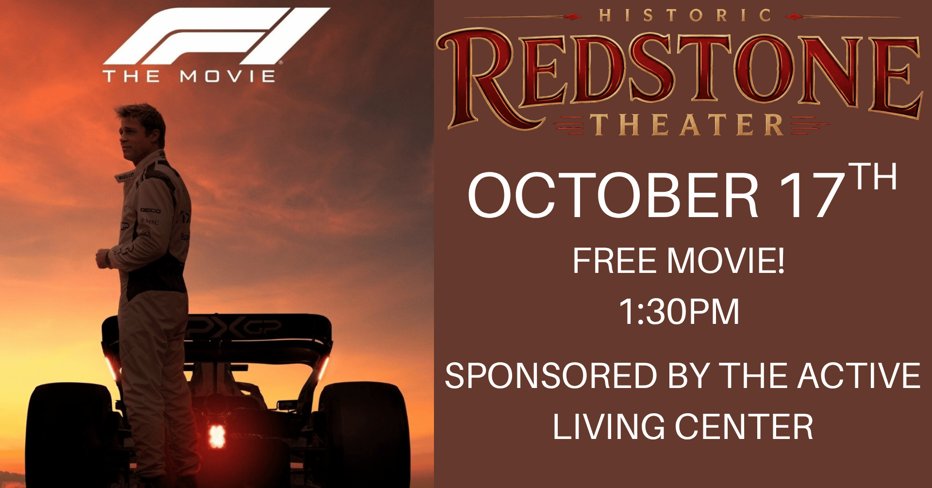F1 The Movie October 17th 1:30pm Sponsored by the ALC